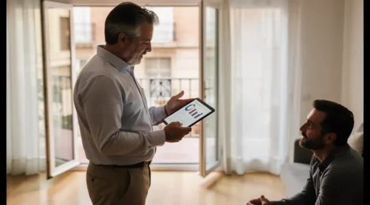 Asesor inmobiliario mostrando datos de agencias en tablet a inversor en piso barcelonés