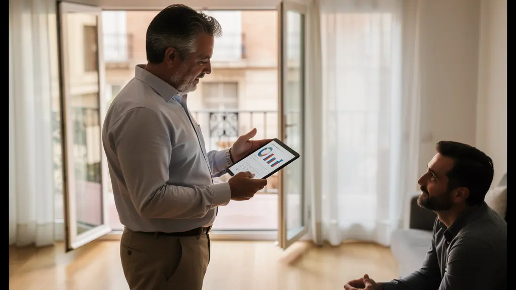 Asesor inmobiliario mostrando datos de agencias en tablet a inversor en piso barcelonés