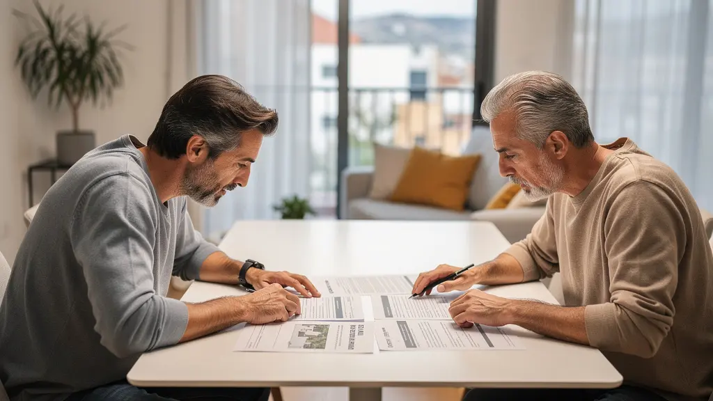 Pareja inversora analizando métricas de agencias inmobiliarias en Barcelona