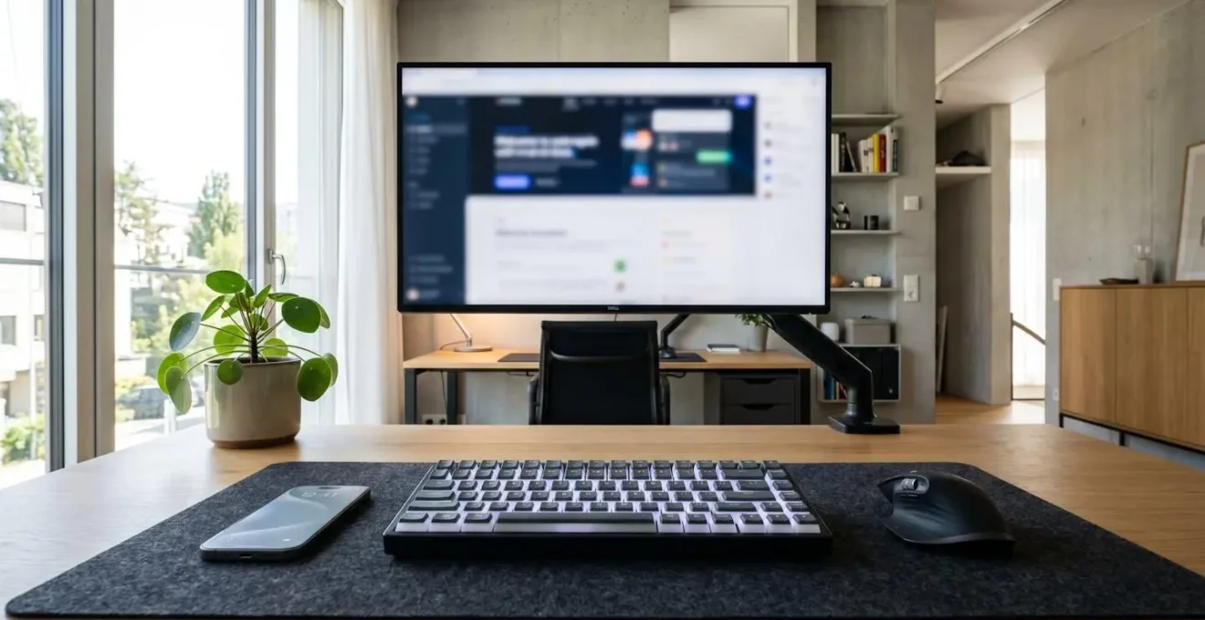 Escritorio minimalista contemporáneo con pantalla de ordenador mostrando una interfaz web de plataforma inmobiliaria completamente difuminada, teclado, smartphone y cuaderno sobre mesa blanca con luz natural lateral