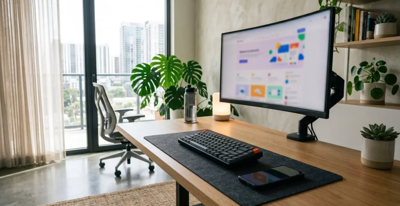 Escritorio minimalista contemporáneo con pantalla de ordenador mostrando una interfaz web de plataforma inmobiliaria completamente difuminada, teclado, smartphone y cuaderno sobre mesa blanca con luz natural lateral