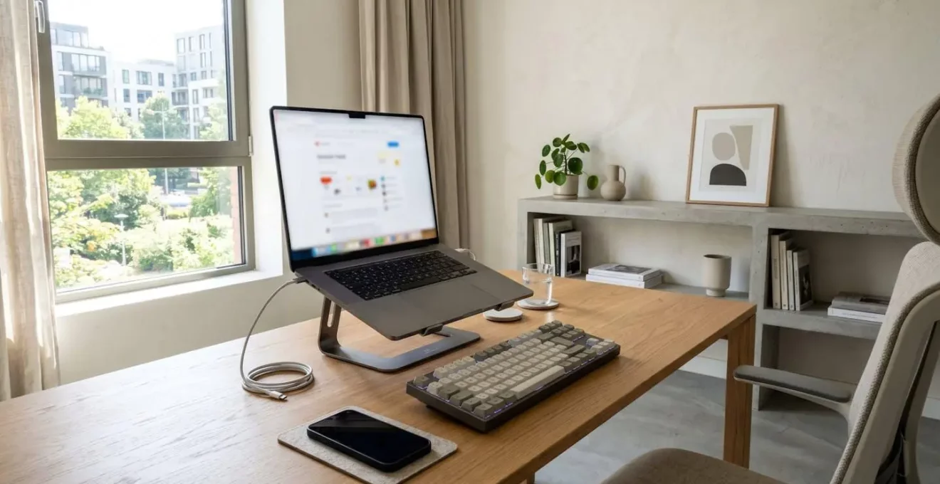 Escritorio minimalista contemporáneo con pantalla de ordenador mostrando una interfaz web de plataforma inmobiliaria completamente difuminada, teclado, smartphone y cuaderno sobre mesa blanca con luz natural lateral