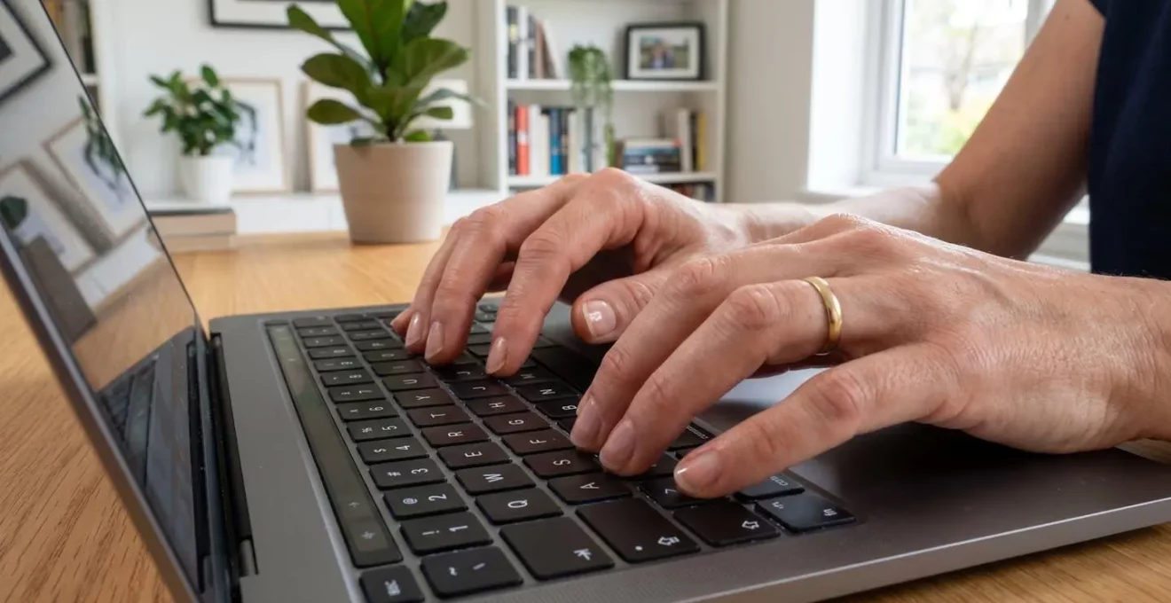 Primer plano extremo de manos de una persona de mediana edad tecleando en un teclado de ordenador portátil moderno con fondo completamente difuminado en bokeh