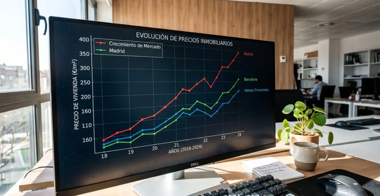 Pantalla de ordenador mostrando gráficos de evolución de precios inmobiliarios con líneas de tendencia ascendente sobre fondo de oficina