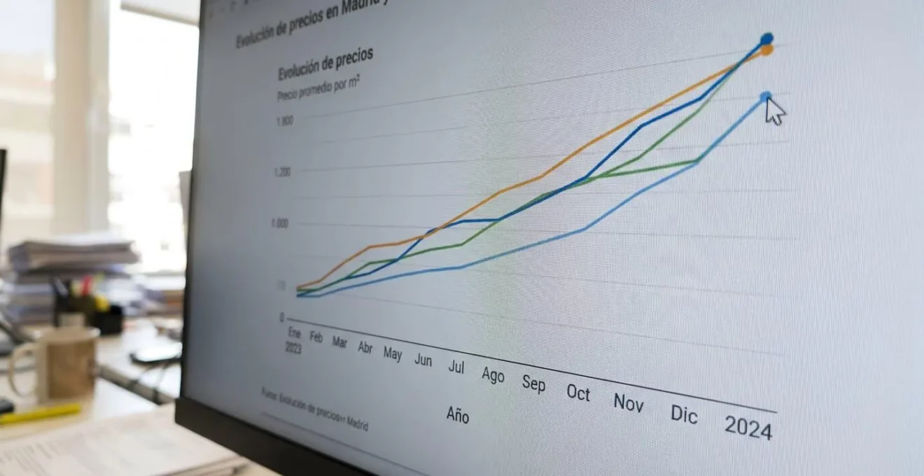 Pantalla de ordenador mostrando gráficos de evolución de precios inmobiliarios con líneas de tendencia ascendente sobre fondo de oficina