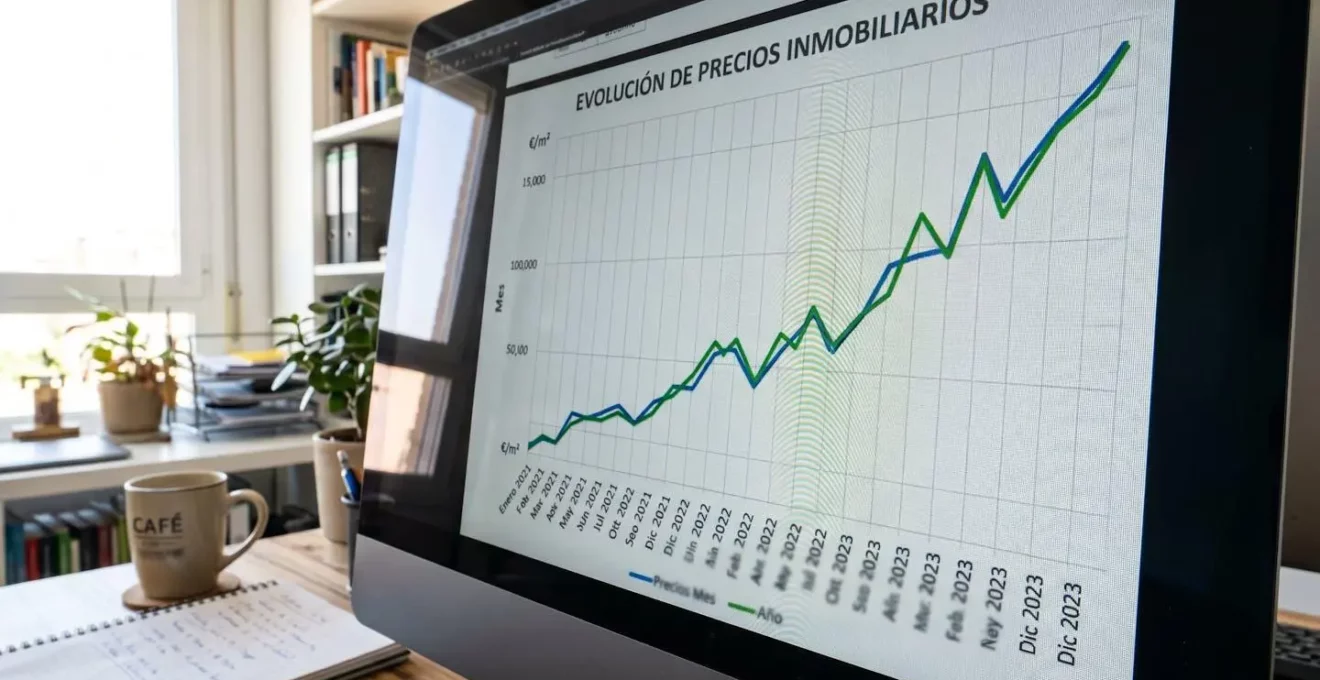Pantalla de ordenador mostrando gráficos de evolución de precios inmobiliarios con líneas de tendencia ascendente sobre fondo de oficina