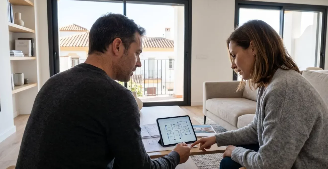 Una pareja de mediana edad de perfil consulta juntos una tableta sobre una mesa moderna con documentos de planos de vivienda visibles en un salón contemporáneo español