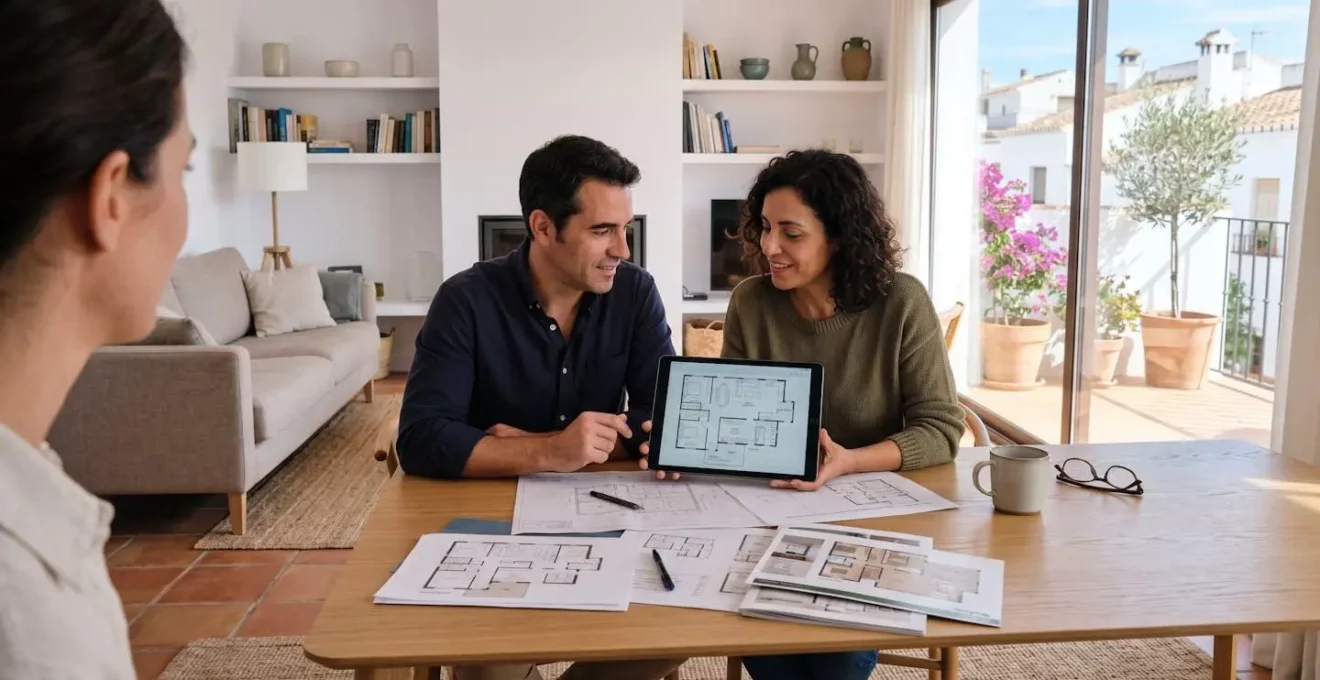 Una pareja de mediana edad de perfil consulta juntos una tableta sobre una mesa moderna con documentos de planos de vivienda visibles en un salón contemporáneo español
