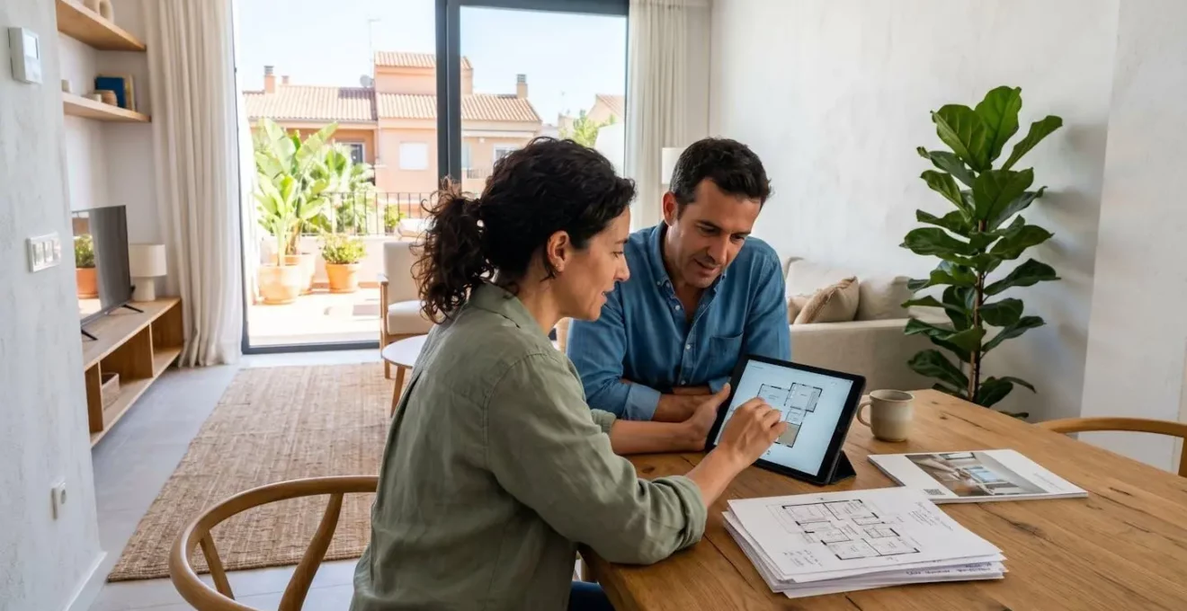 Una pareja de mediana edad de perfil consulta juntos una tableta sobre una mesa moderna con documentos de planos de vivienda visibles en un salón contemporáneo español