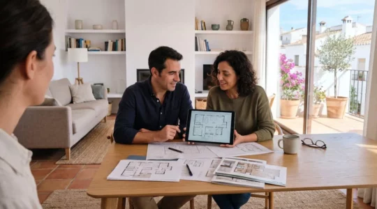 Una pareja de mediana edad de perfil consulta juntos una tableta sobre una mesa moderna con documentos de planos de vivienda visibles en un salón contemporáneo español