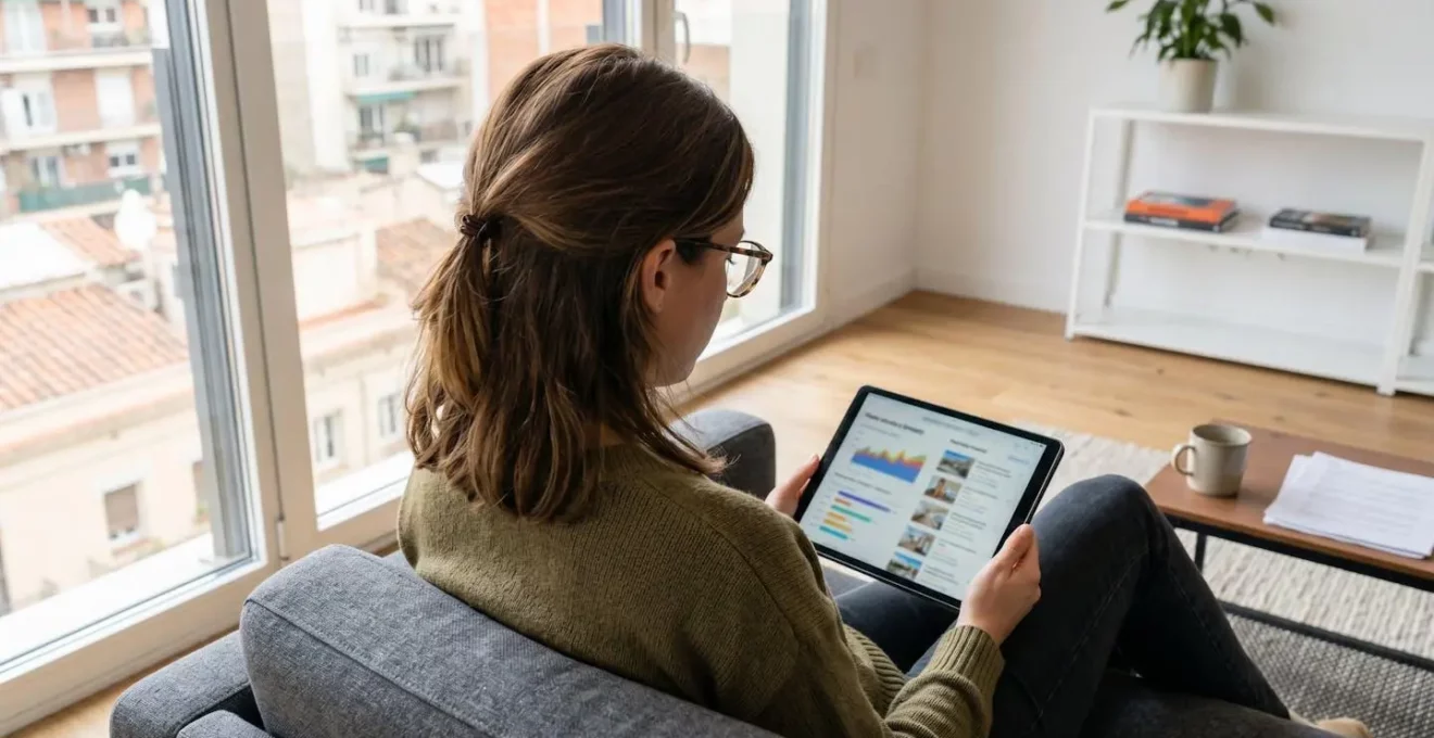 Una persona joven consulta datos inmobiliarios en una tablet desde el salón de su vivienda en Barcelona, con luz natural entrando por la ventana
