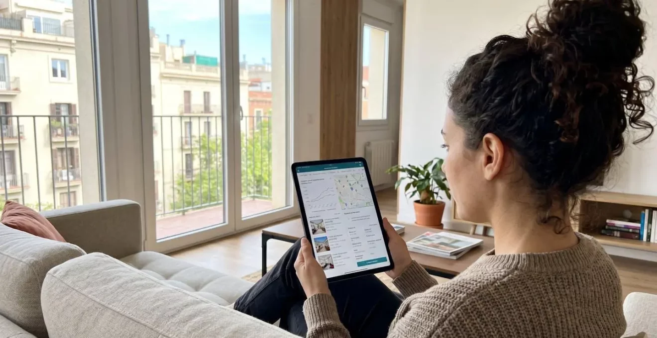 Una persona joven consulta datos inmobiliarios en una tablet desde el salón de su vivienda en Barcelona, con luz natural entrando por la ventana