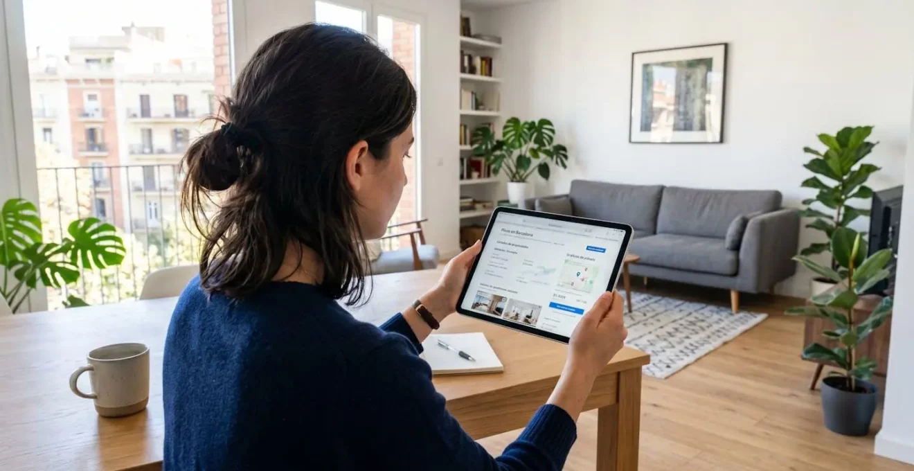 Una persona joven consulta datos inmobiliarios en una tablet desde el salón de su vivienda en Barcelona, con luz natural entrando por la ventana