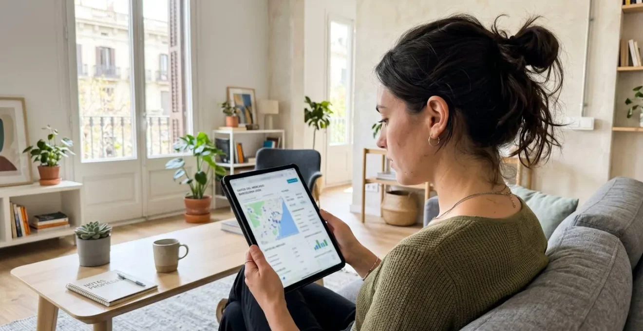 Una persona joven consulta datos inmobiliarios en una tablet desde el salón de su vivienda en Barcelona, con luz natural entrando por la ventana