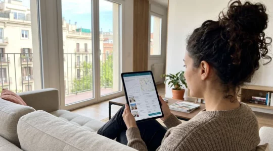 Una persona joven consulta datos inmobiliarios en una tablet desde el salón de su vivienda en Barcelona, con luz natural entrando por la ventana