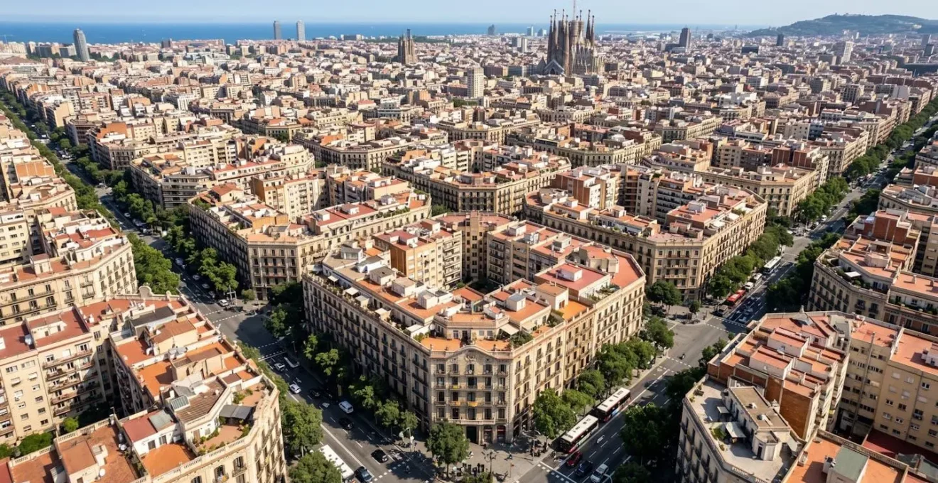 Vista aérea de edificios residenciales del distrito Eixample de Barcelona mostrando la cuadrícula urbana característica y arquitectura modernista bajo luz diurna