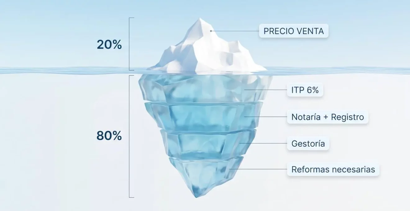 Infographie 3D d'un iceberg dont la partie émergée représente le prix de vente affiché et la partie immergée les coûts cachés réels (ITP, notaire, registre, réformes)