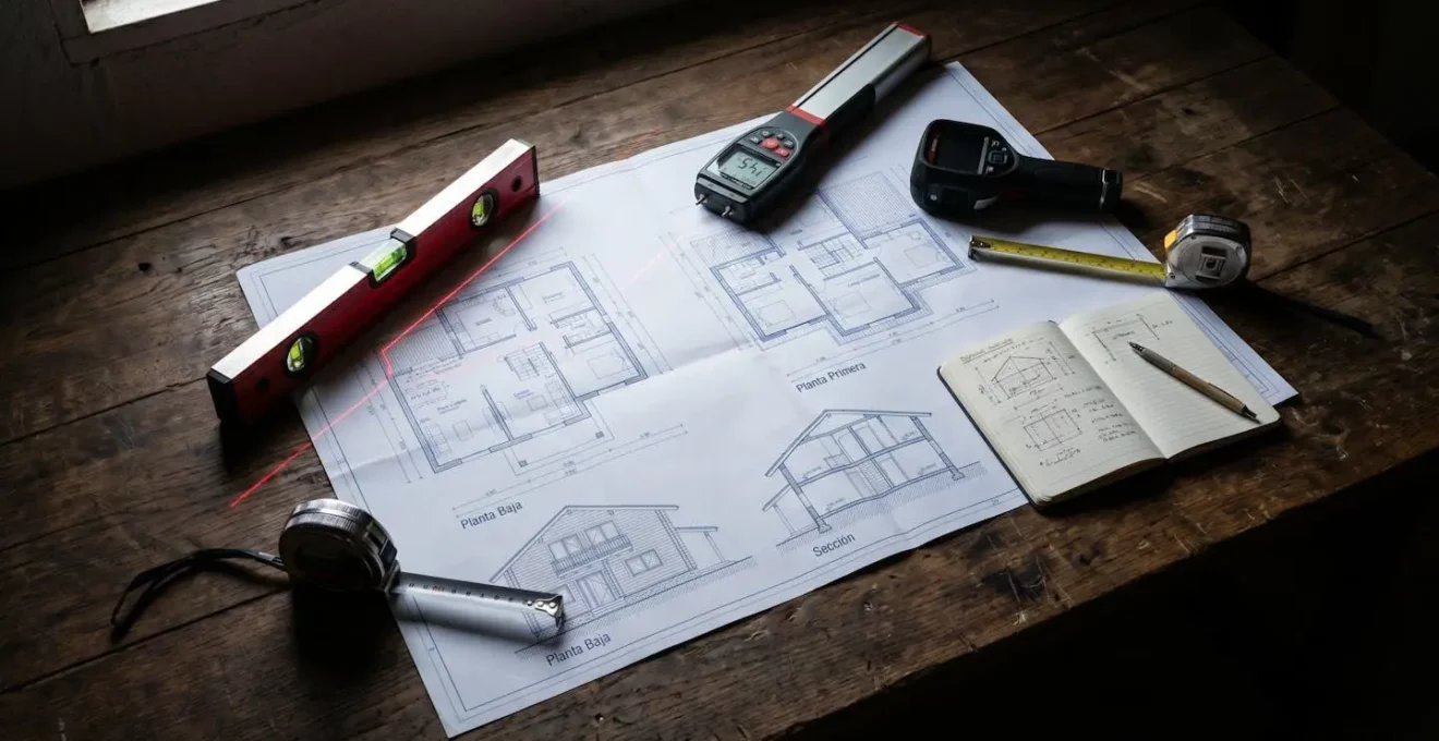 Nature morte d'outils d'inspection technique (niveau laser, humidimètre, caméra thermique) disposés sur un plan architectural de chalé avec éclairage dramatique latéral