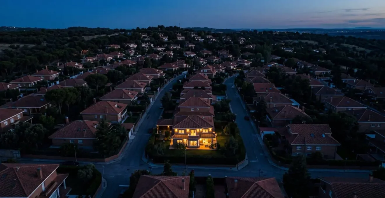 Vista aérea crépusculaire d'un quartier résidentiel de chalés à Madrid avec un chalé central illuminé se détachant des autres propriétés dans la pénombre
